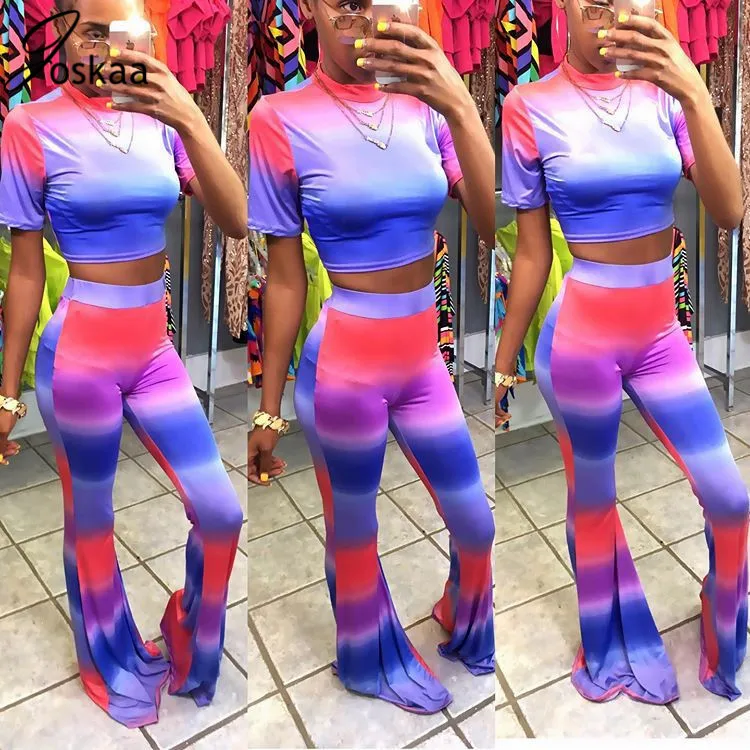 

Joskaa Stripe Changing Color Two Piece Set Short Sleeve Women T Shirt Crop Top High Waist Flare Pants Fashion Female Outfits