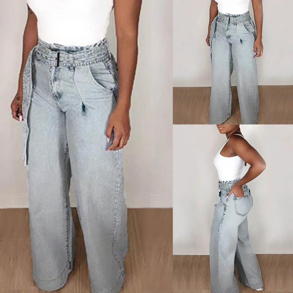 Женские джинсы, Зимняя мода, свободные с поясом, высокая талия, джинсы для женщин в стиле бойфренд, с карманами, одноцветные джинсы, mujer S10