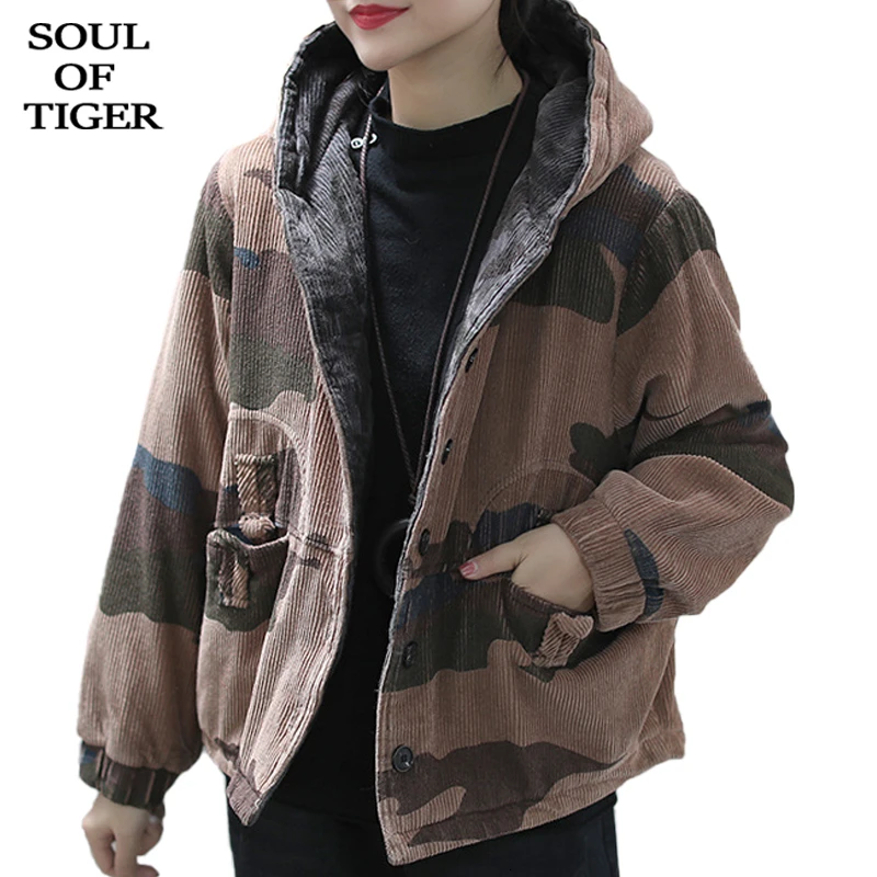  SOUL OF TIGER 2019 Fashion Korean Style Ladies Vintage Corduroy Jackets Women Camouflage Snow Coat 