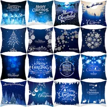 

2021 Wholesale Christmas Santa Claus Pillow Cover Elk Sofa Pillow Dark Blue Snow Scenery Home Pillow Living Room Decoration