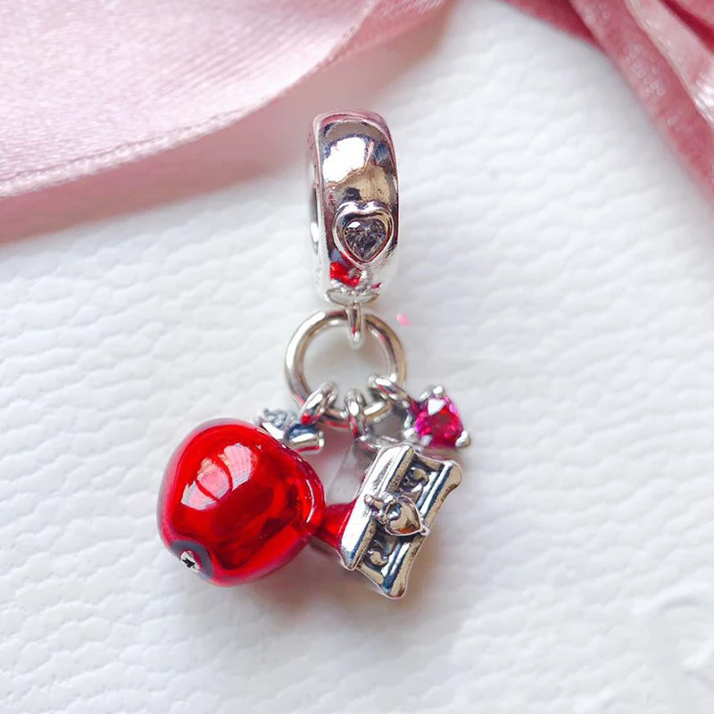 

Charmily 925 sterling silver Snow White’s Apple & Heart Dangle Charm, Red & Green CZ & Red Enamel fits women bracelet