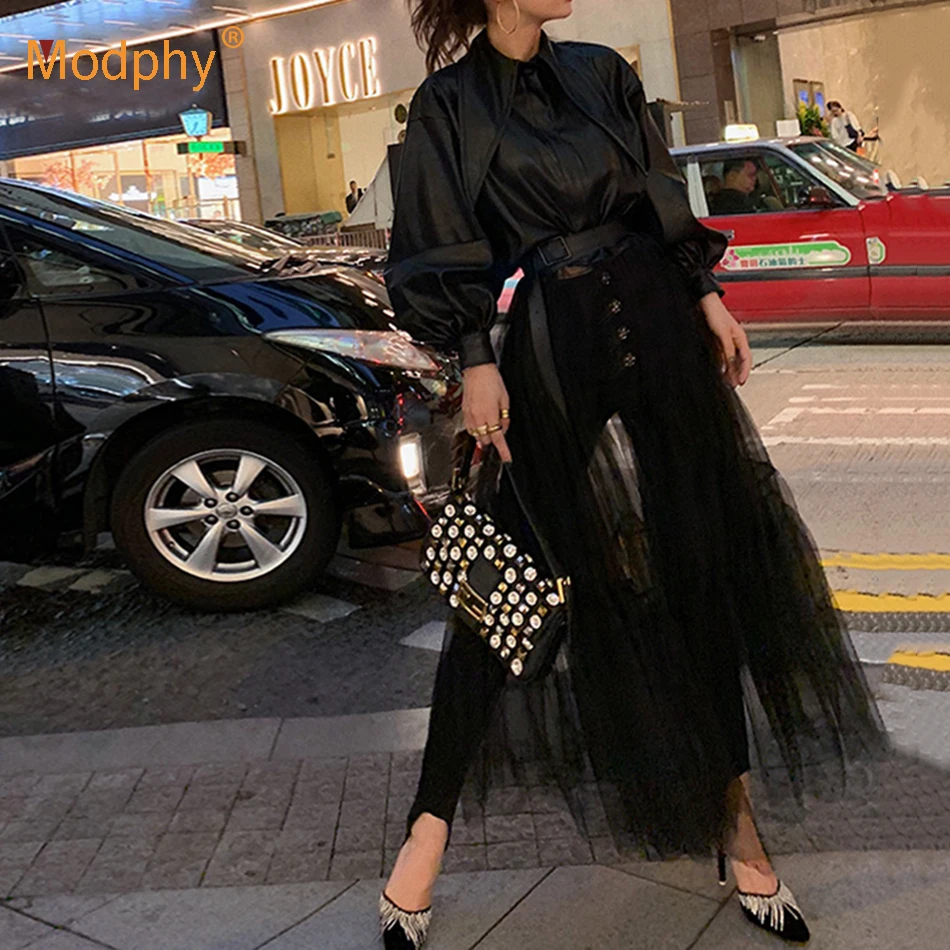 Женское Сетчатое пальто с отворотом длинное Свободное из искусственной кожи