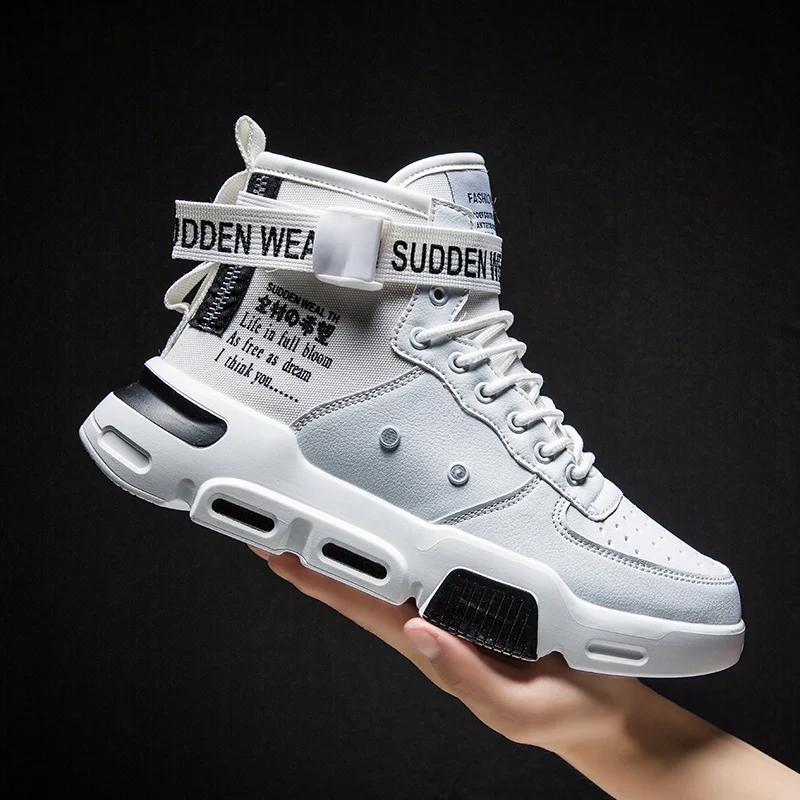 

Bomlight New Fashion High Top Casual Shoes Men PU Leather White Sneakers Man Breathe Mesh Platform Flats Shoes Cool Letter Buckle Design Tenis