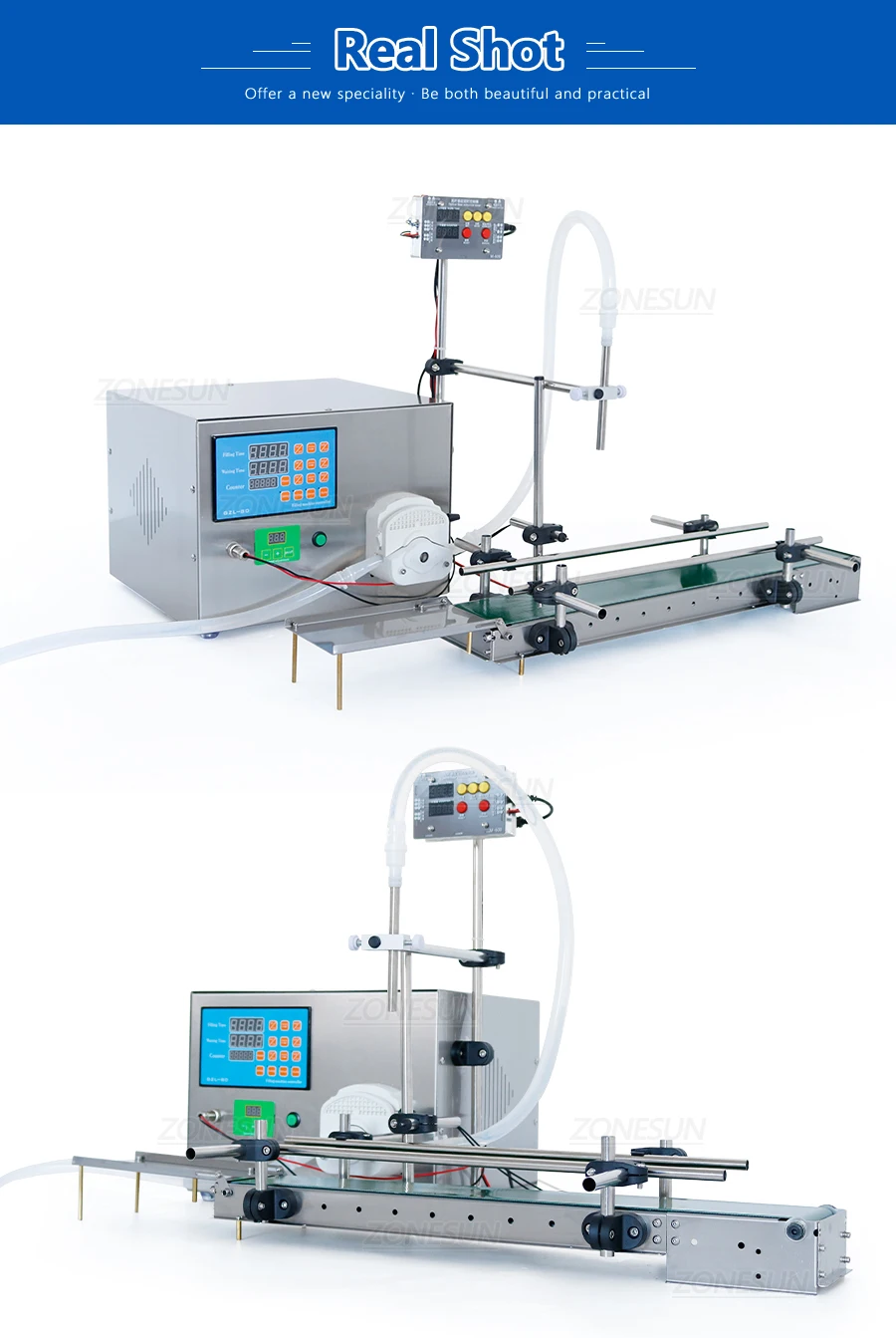 ZONESUN Small Automatic Peristaltic Pump Liquid Filling Machine With Waterproof Conveyor