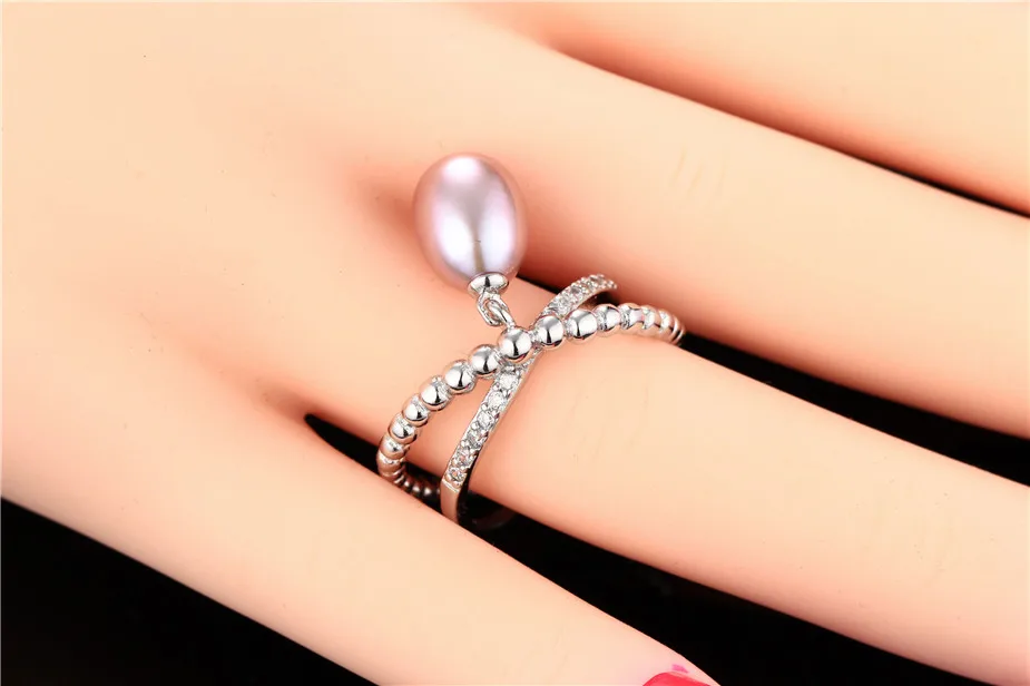 Dainashi Genuine Freshwater Cultured Pearl Ring 925 Sterling Silver Zircon Crystal Adjustable Ring Party Gift for Women