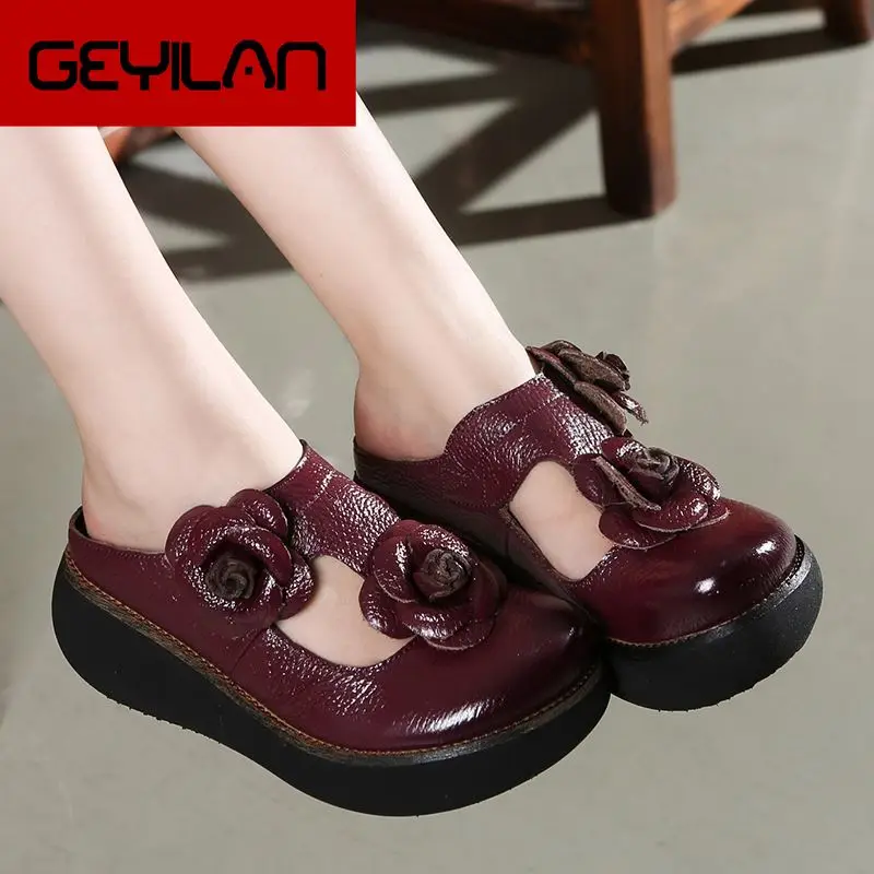 

Summer Slippers Genuine Leather Shoes Handmade Flower Slides Flip Flops Platform Clogs For Women Wedges Slippers