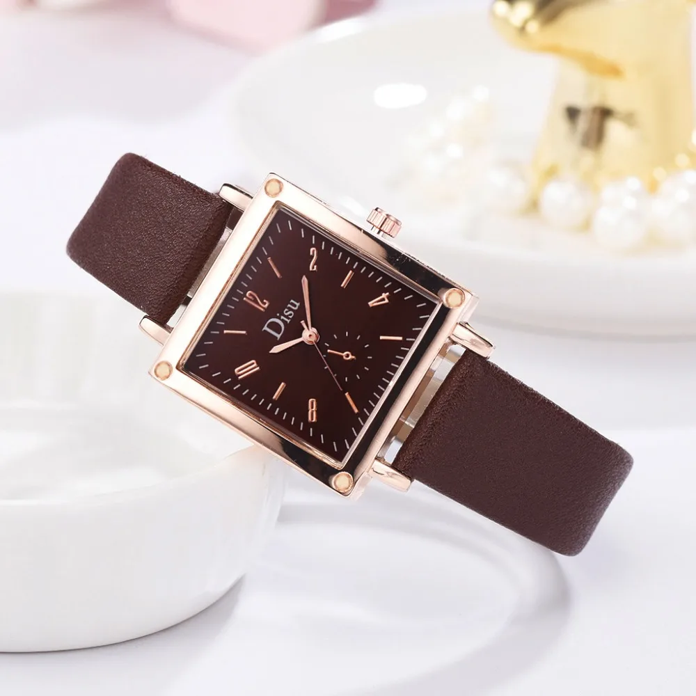Disu брендовые квадратные женские часы-браслет, кожаные хрустальные наручные часы, женские платья, женские кварцевые часы, Прямая и Ff