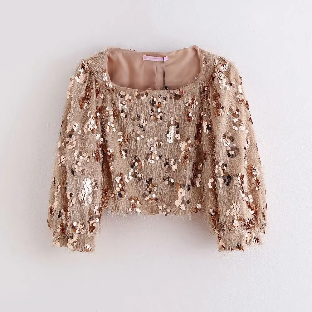  women high street sequins embroidery casual short blouses ladies patchwork chic lantern sleeve shir