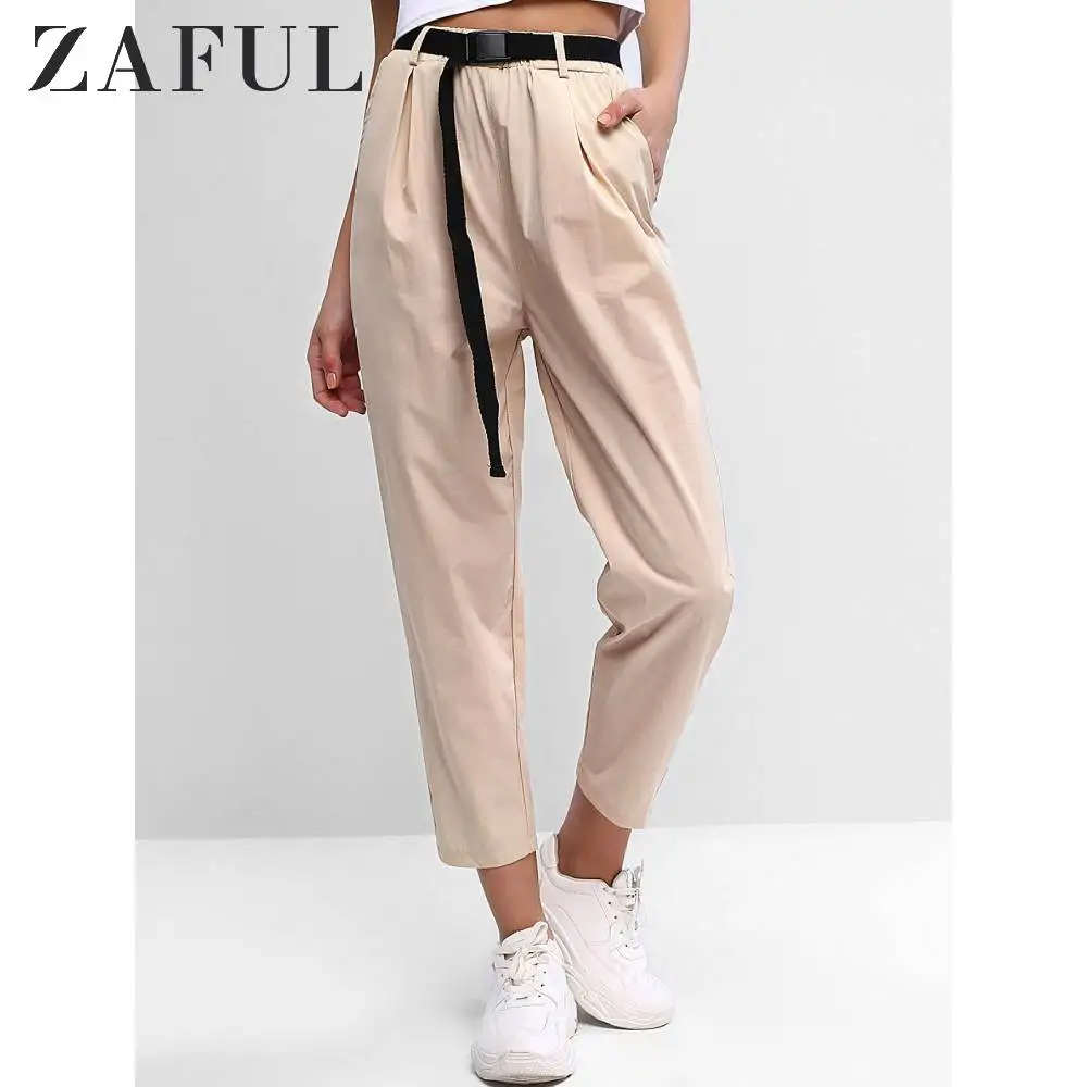 ZAFUL, карман, высокая талия, с поясом, брюки, свободные, с поясом, украшение, нажимная пряжка, брюки-карандаш, эластичная талия, одноцветные, для женщин, Капри