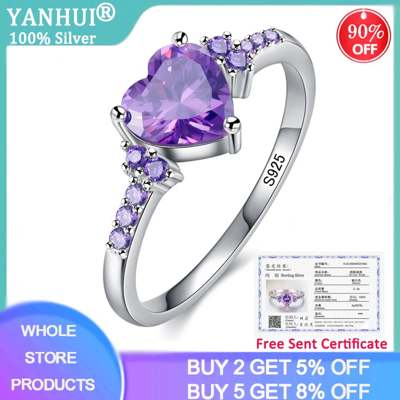 

YANHUI With Certificate Purple Zircon Crystal Ring For Women Lovely Heart Shape 925 Silver Jewelry Romantic Valentine's Day Gift