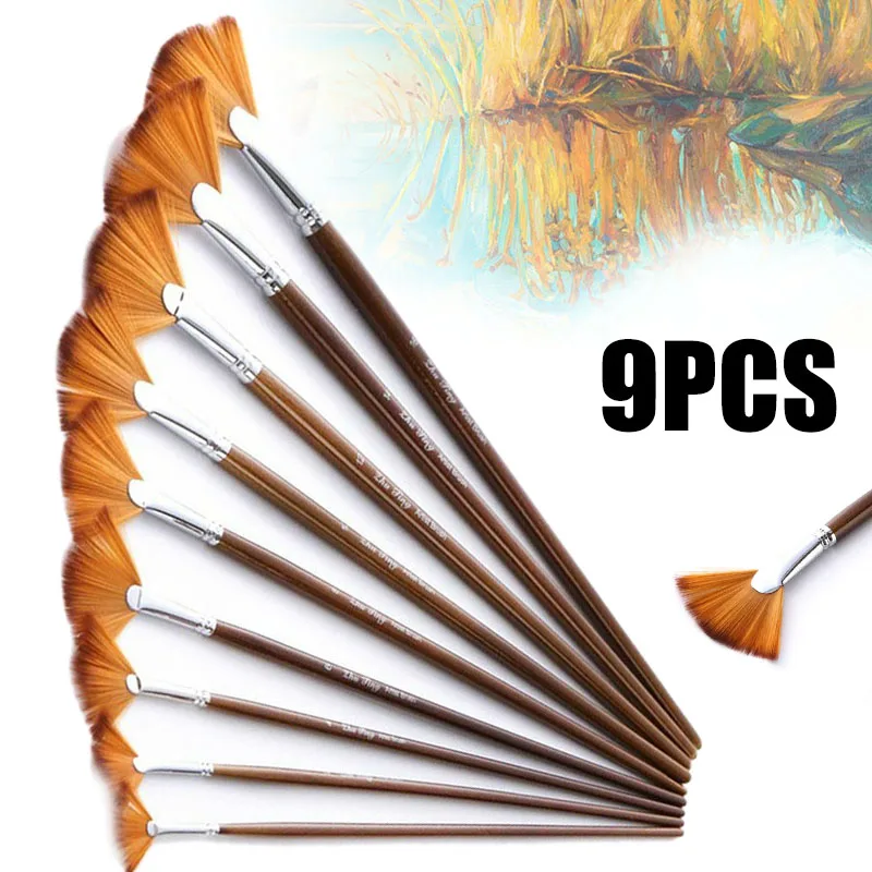 Crafts 9pcs/set Fan Brush Set Wooden Handle Acrylic Water Oil Painting