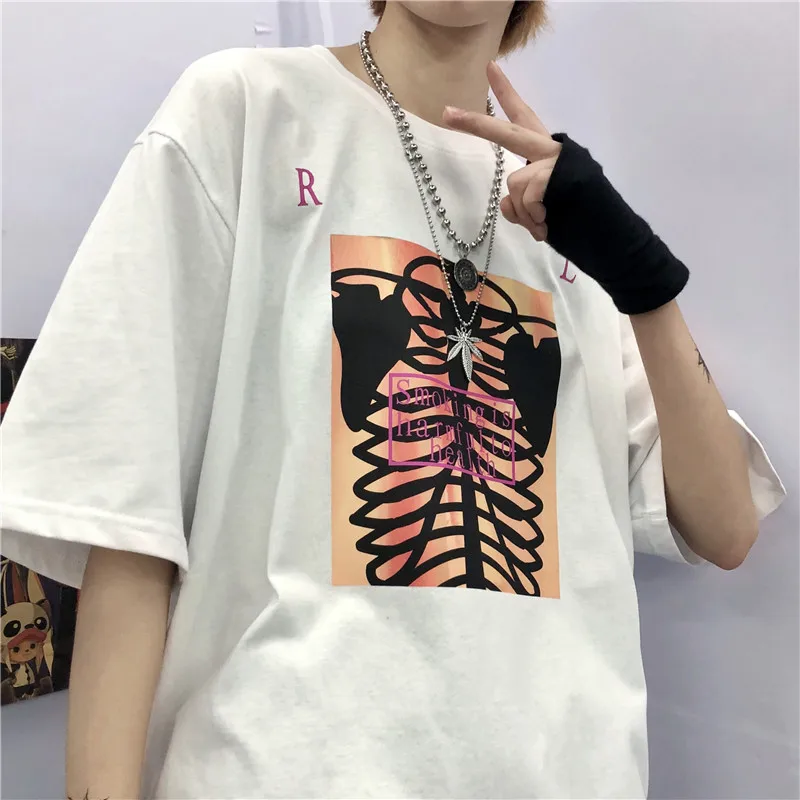 

Lychee Harajuku Loose Short Sleeve Women T-shirt Smoking Skull Letter Print Summer Women T Shirt Crew Neck Lady T-shirts