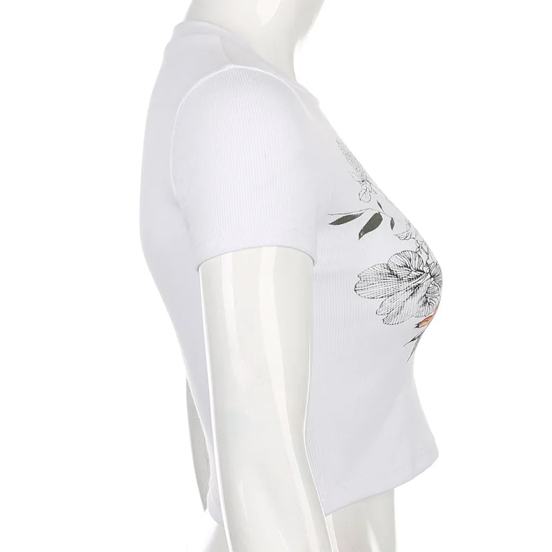 ALLNeon Harajuku Ribbed Tight Printing Crop Tops O-neck Short Sleeve Skinny White T-shirts Vintage Y2K Summer Tops Streetwear