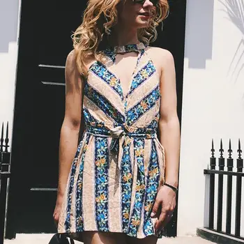 

Fashion Women Summer Bohemian Print Tassel Romper Jumpsuit Casual Halter V-neck Short Playsuit Beachwear Female