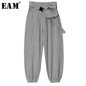 

[EAM] High Elastic Waist Gray Pocket Split Joint Long Harem Trousers New Loose Fit Pants Women Fashion Spring Autumn 2020 1S6280