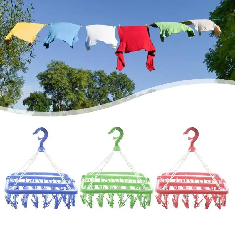 

32 Clips Folding Socks Clothes Hanger Rack Clothespin Clothes Drying Rack Closet Wardrobe Organizer Blue/Green/Pink