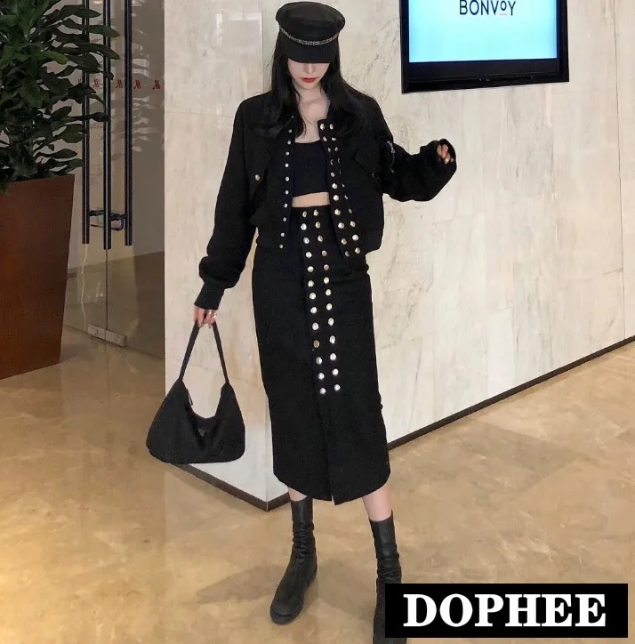 

New Autumn and Winter Double Row Studded Short Woolen Cotton Jacket + High Waist Split Calf Length Skirt Women Skirt Set