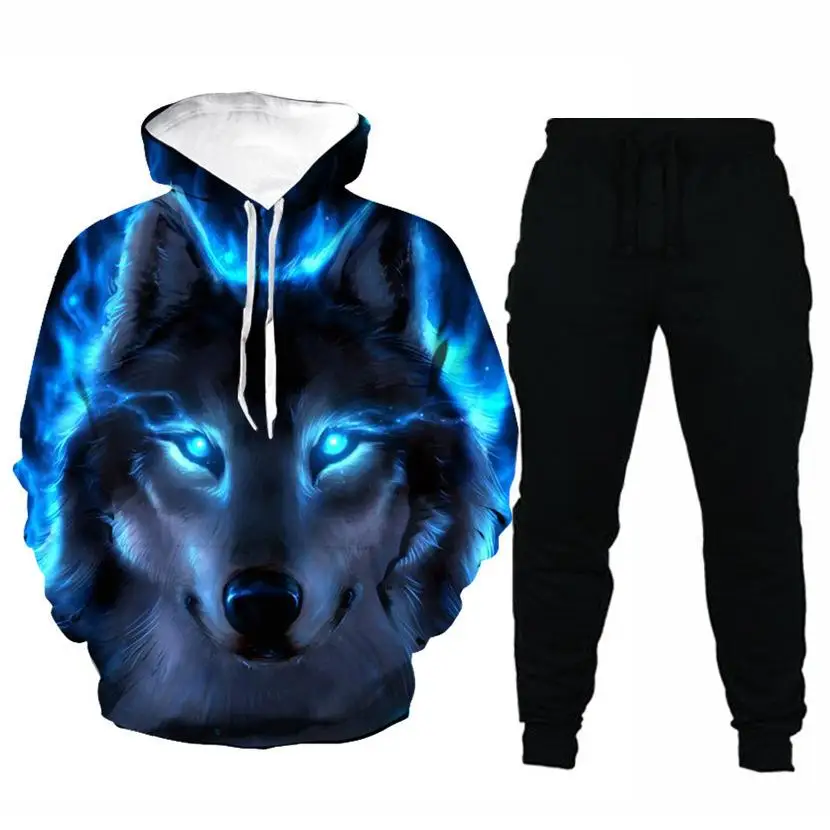 

2 Piece Set Men Wolf Printed Hoodie And Long Pants Fashion Oversized Hoodies Sweat Suits Autumn Winter 3D Blue Mens Tracksuits