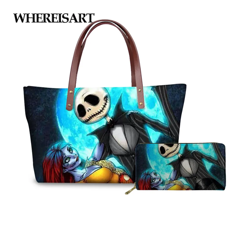 

WHEREISART The Nightmare Before Christmas Printed Tote Bags for Women Ladies Shoulder Handbags Female Top-handle Bag with Wallet