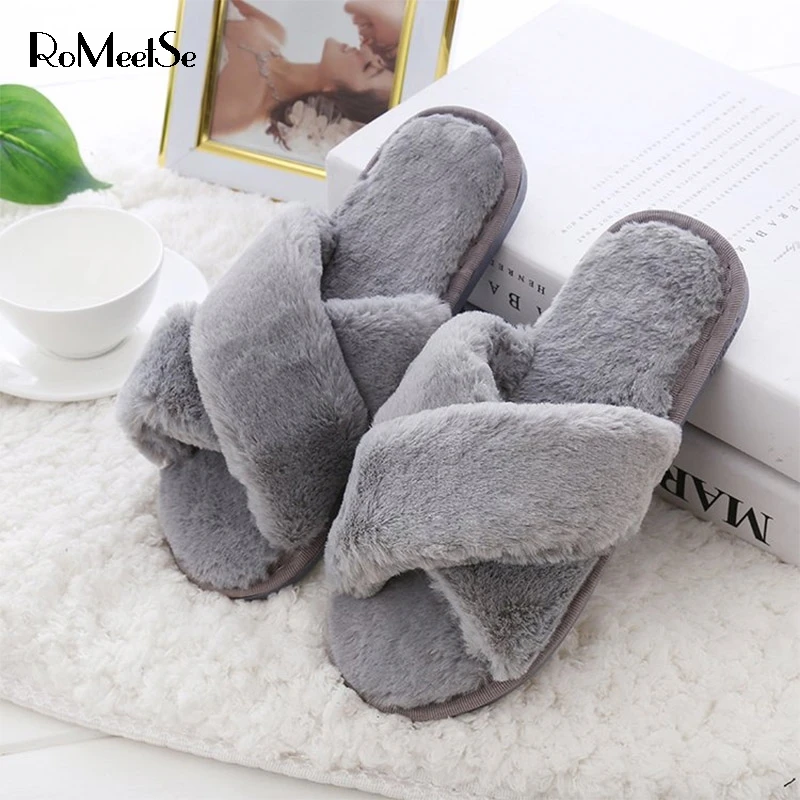 

Winter Open Toe Home Indoor Slipper Cross-tied Warm Ladies Slippers Faux Fur Grey Wool House Shoes Footwear zapatos mujer 76C30
