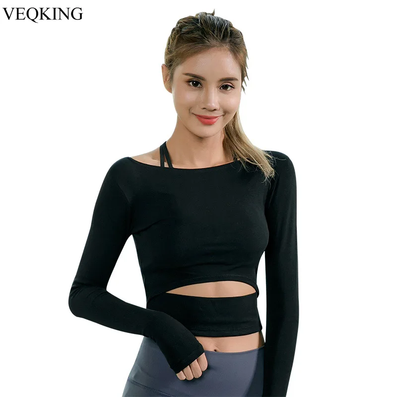 VEQKING Для женщин длинный рукав, для йоги рубашки короткие пупка длине голой из дышащего материала для занятий фитнесом, для спорта, футболка быстросохнущая одежда для йоги Топ