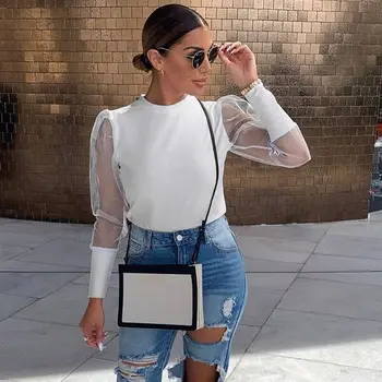 

Women's Fashion Mesh Sheer See-through Long Sleeve Patchwork Elegant Crop Tops Slim O-neck Mesh Solid Slim Soft Streetwear