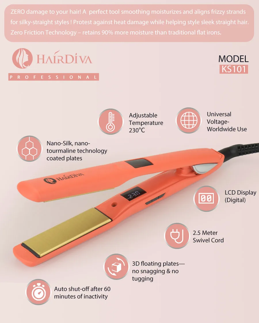 Плоское железо, нано Шелковый выпрямитель для волос, Plancha De Pelo, кораллово-красный, тканый керамический утюжок для укладки волос, утюжок для волос HairDiva