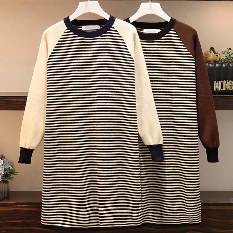 

Women Casual Straight Loose Stripe Knitted Dress Plus Size Autumn Winter O Neck Long Sleeve Thick Slim Sweater Warm Vestidos