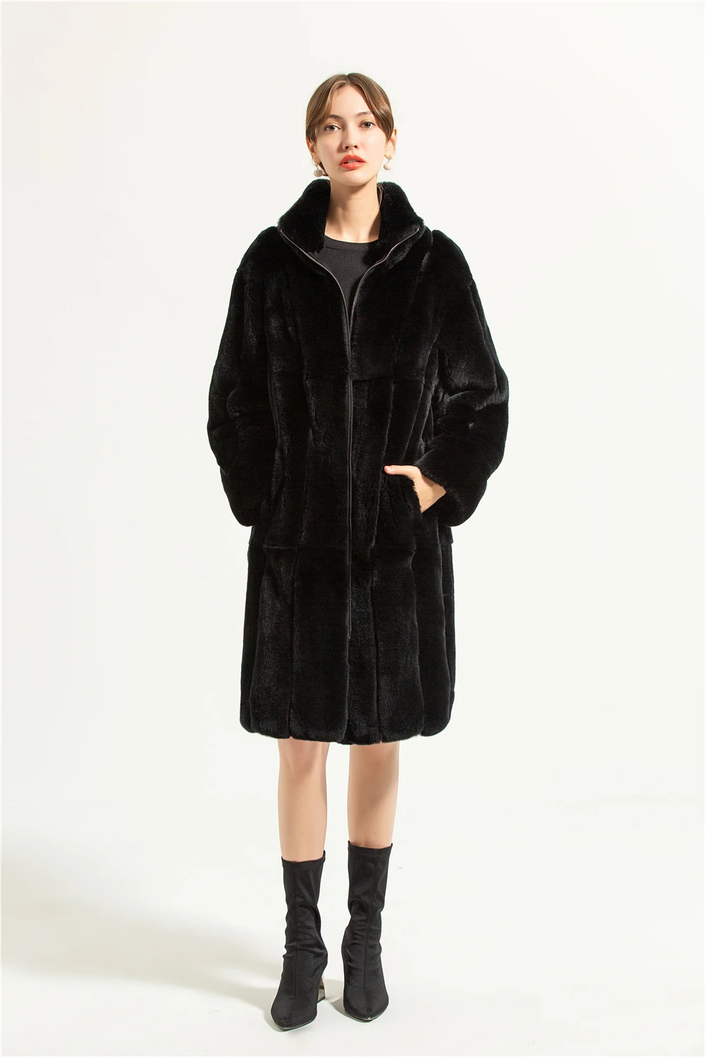 100cm Rex Rabbit Fur Coat Thick Warm Winter Women Clothing Overcoat Women Natural Fur Stand Collar Jacket