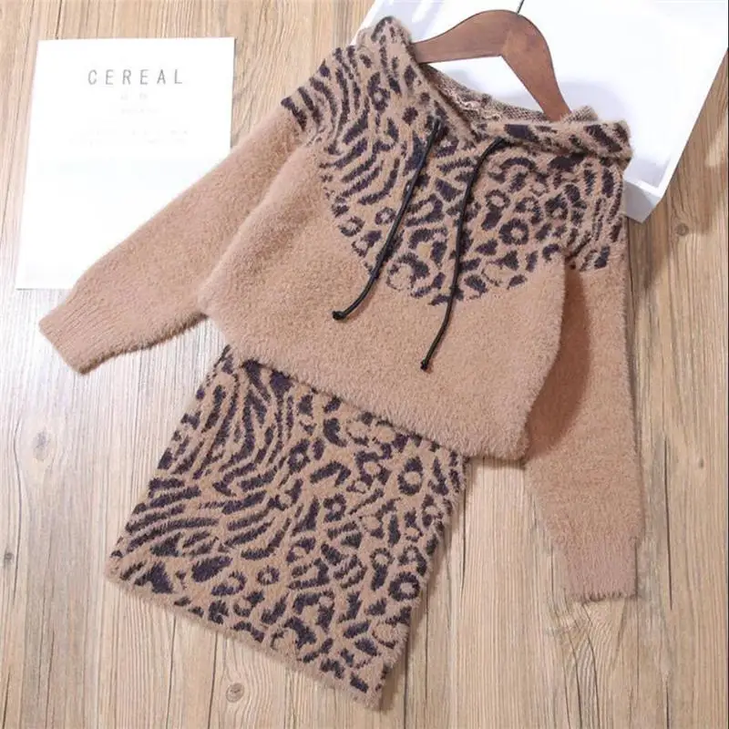 khaki Autumn Winter Fashion Kids Girls Leopard Print Clothes Children Girl Hooded Warm Solid Knit Sweater And Skirt Outfits K133 - Цвет: khaki
