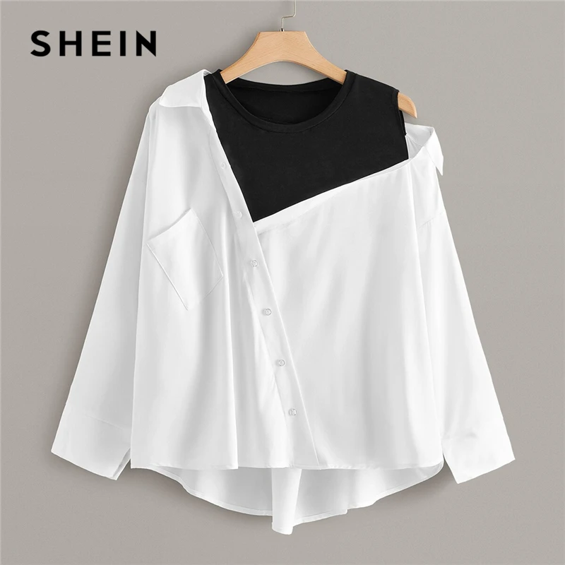 SHEIN Plus Size White Contrast Panel Asymmetrical Neck Blouse Women Tops Autumn Pocket Colorblock O-Neck Casual Top Blouses SHEIN Plus Size White Contrast Panel Asymmetrical Neck Blouse Women Tops Autumn Pocket Colorblock O-Neck Casual Top Blouses