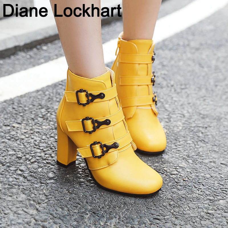 

2019 New Women Fashion Short Boots Buckle Strap High Heel Botas Winter Shoe PU Leather Gladiator Ankle Boot Yellow Mujer Bootie