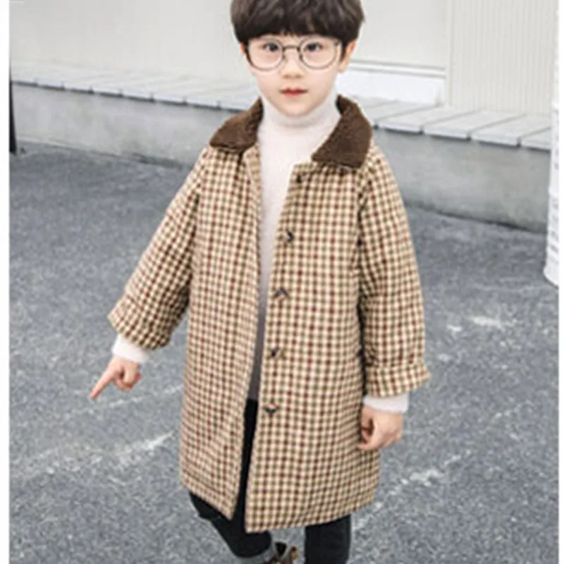 

England Style Plaid Long Coats For Kids Fur Collar Long Sleeve Jackets Clothes New Winter 2019 Thicken Trench Coat Children Tops