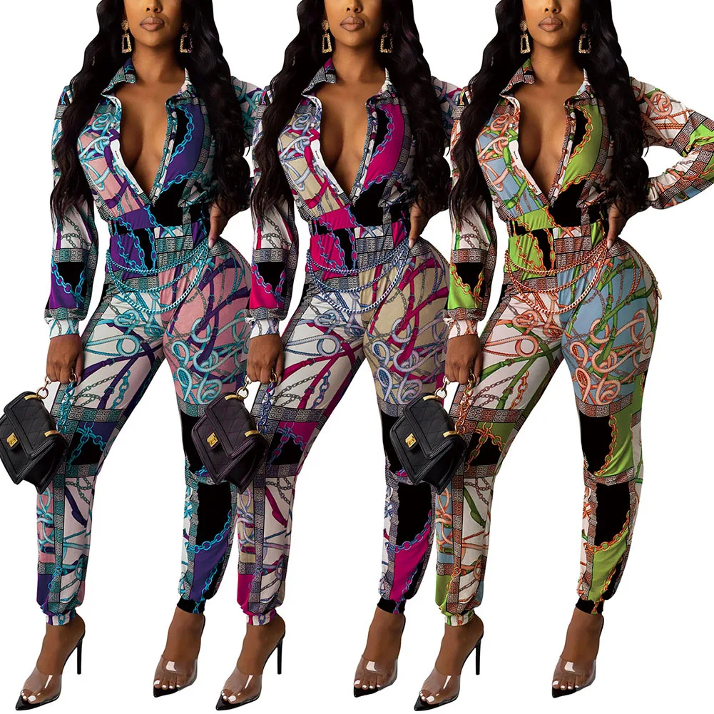 

Fadzeco Womens Sexy Bodycon Jumpsuit Sexy Chain Print Deep V Neck Long Sleeve Elegant One Piece Romper Playsuit Clubwear