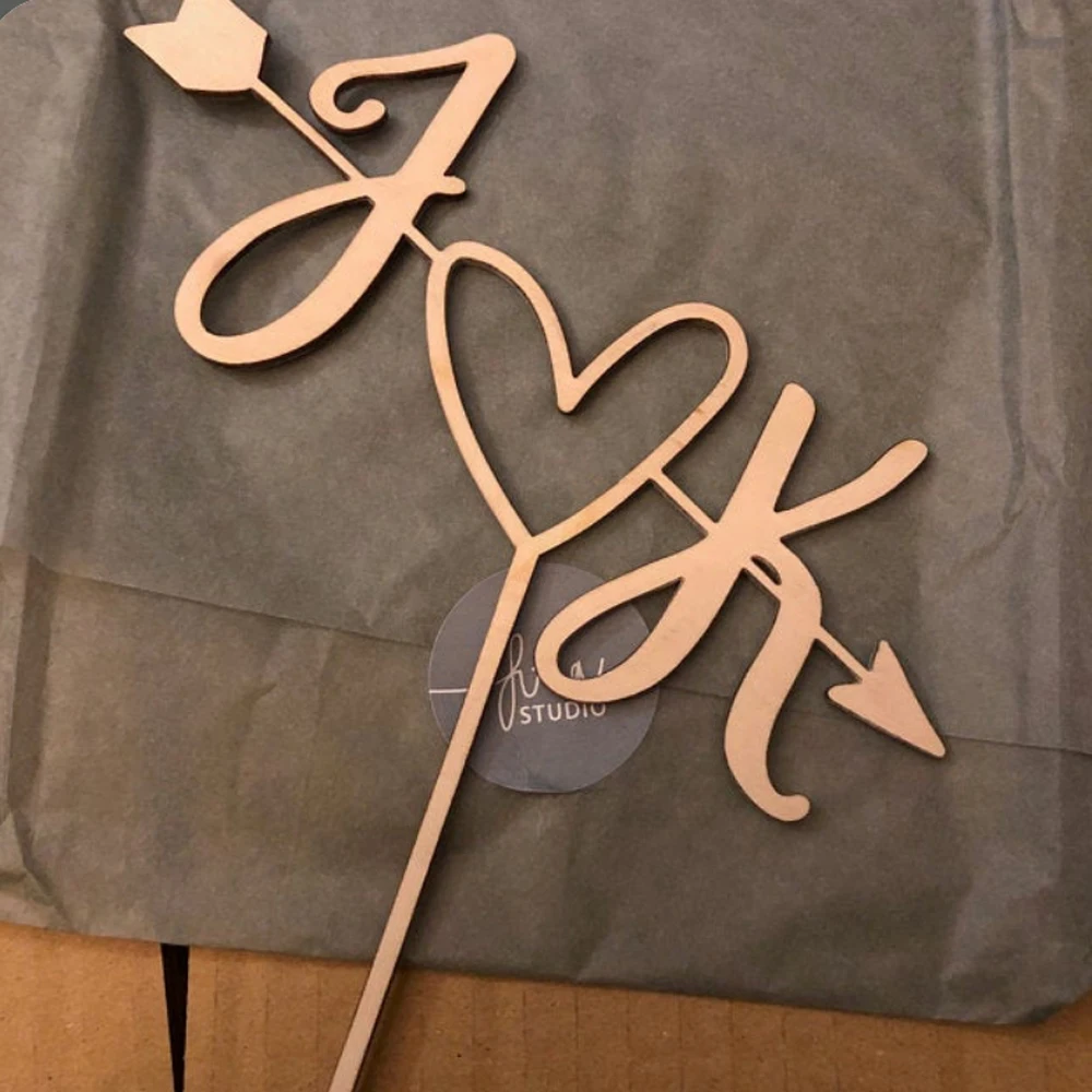 Custom Initials name Wooden cake Topper,Arrow And Heart Wedding Cake Topper, Personalised Arrow Cake Topper,Love Heart Wedding 2