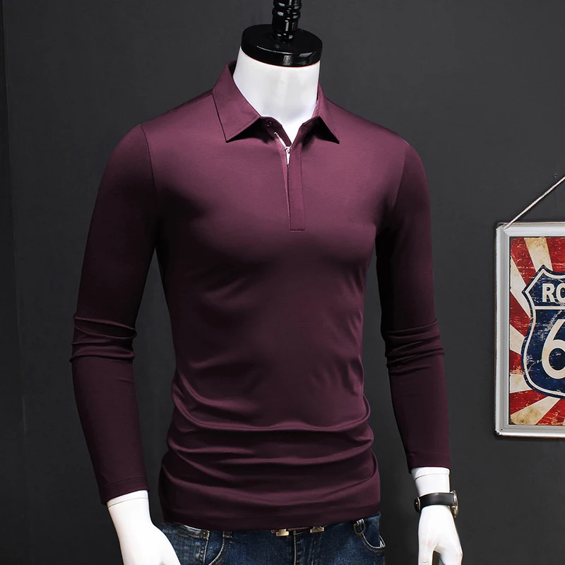 

Casual Men Long Sleeve Polo Shirt Solid Color Zipper Collar Polos Shirts New Autumn Clothing Fashion Men Tops