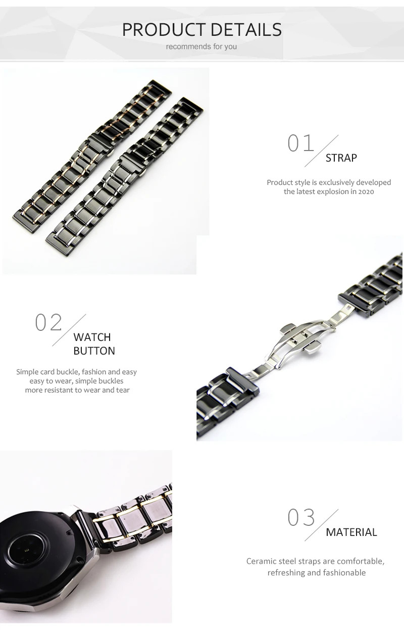 Cerâmica e Aço Cinta para Samsung Pulseira de Relógio Luxo Inoxidável Preto Branco s2 3 4 Huawei gt Cinto 20 22 24mm 11 3 4 huawei gt pulseira de relógio cinto