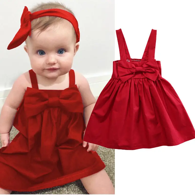 Newborn Baby Girls Toddler Kid Summer Sundress Solid Color Sleeveless Bowknot Short Mini Dress Sunsuit Dress