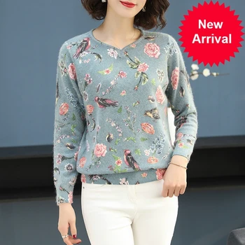 

Sweater Women Printed Autumn Winter Sweater Fashion Floral Bird Pattern Pullover Casual Loose Long Sleeves Sweater