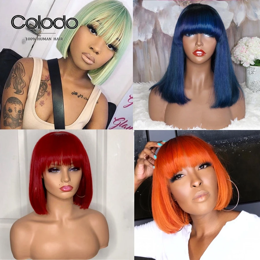 COLODO Pre Plucked Orange Red Short Bob Human Hair Wigs with Bangs Brazilian Remy Blonde Lace Front Wig Glueless Light Green | Шиньоны и