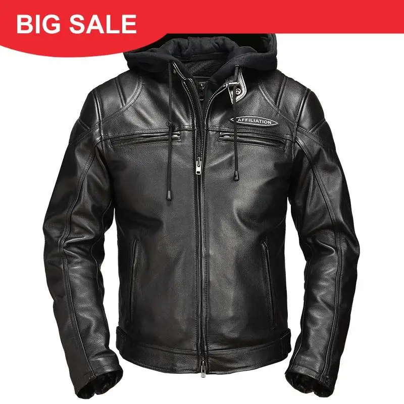 

2020 Black Men Hood American Motorcycle Leather Jacket Plus Size XXXXL Genuine Thick Cowhide Slim Fit Leather Coat FREE SHIPPING