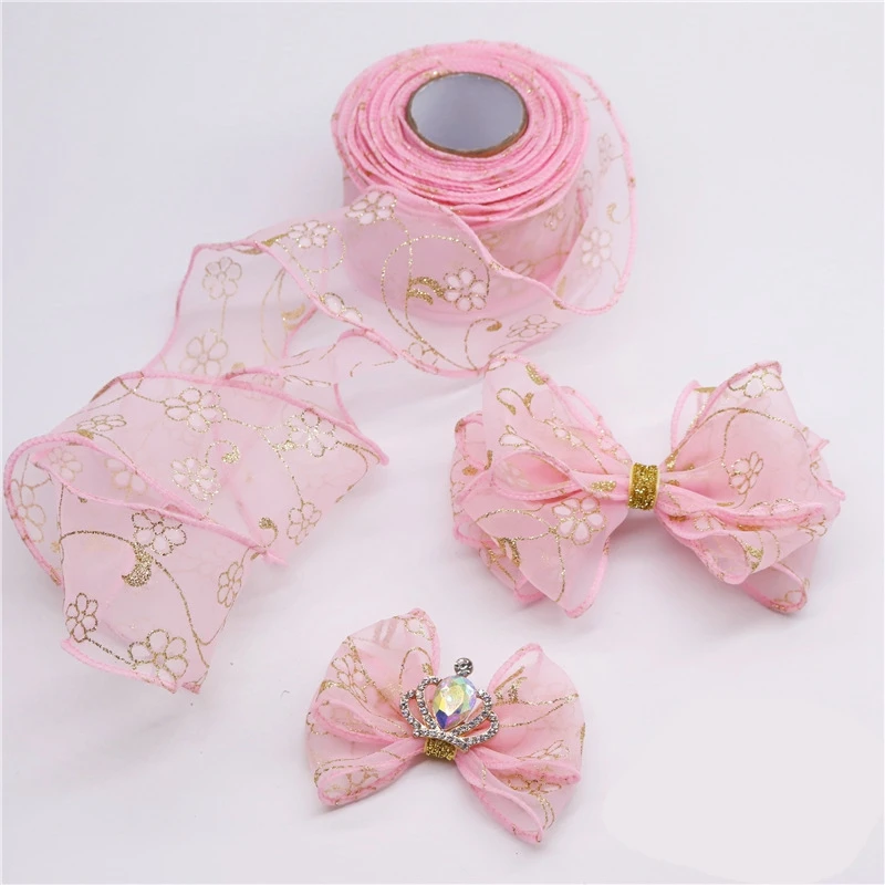 

Organza Ribbon With Gold Wire Flower Printed 5yards 10yards A Roll Pink Color With Wave Edge For Wedding Bridal Deco Hairbow DIY