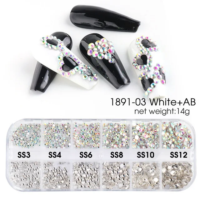 1Box Multi Size Glass Nail Rhinestones Mixed Colors Flat-back AB Crystal With tools 3D Charm Gems  Manicure Nail Art Decorations 019