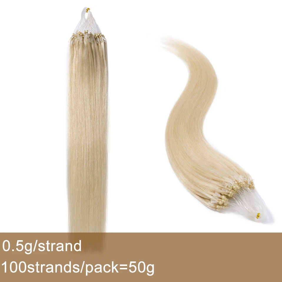 S-noilite 16"-24" Non-Remy Human Hair 100Strands Straight Micro Bead Loop Ring Hair Extension Black Bleach Blonde 0.5g Hairpiece