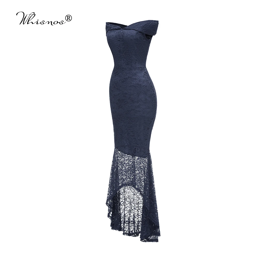 

Sexy Mermaid Long Prom Dresses Dark Blue Boat Neck Tighten Waist Wrap Hips Lace Hem Prom Gowns Evening Party Dress Real Photo