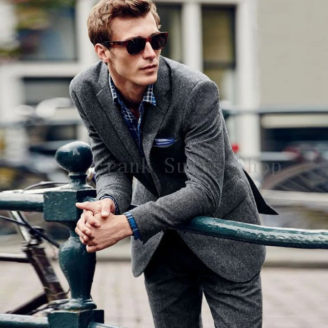 

2023 Grey Tweed Men Suit Double Breasted Tweed Jacket Men Blazer Formal Wedding Suit For Men 2 Piece Classic Men's Suit Ternos