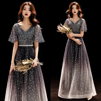 

Skyyue A-Line Long Dresses Evening V-Neck Sequined Floor-Length Short Sleeve Robe De Soiree Plus Size Dress Woman Party K350