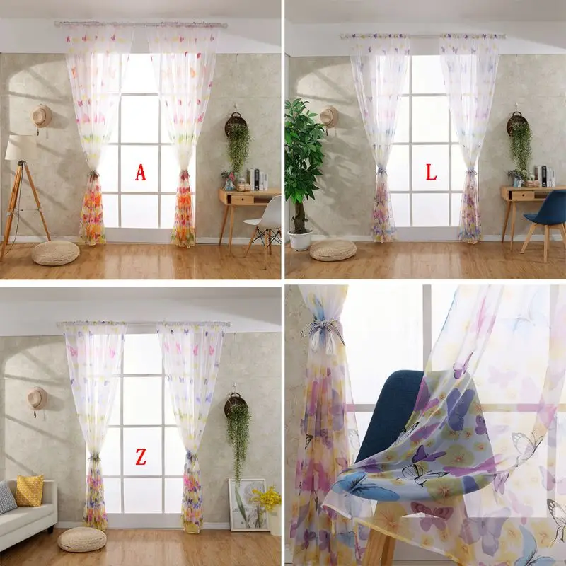 

Butterfly Printed Gauze Curtain Pattern Durable and Washable Curtain Rod Flower Children\\'s Curtains Home Window Decoration