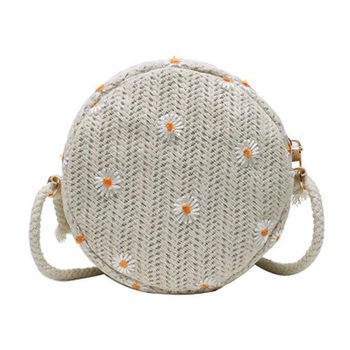 

Mesh Yarn Straw Cross-Body Small Round Bag Embroidery Small Daisy Rope Braided Wild Bag