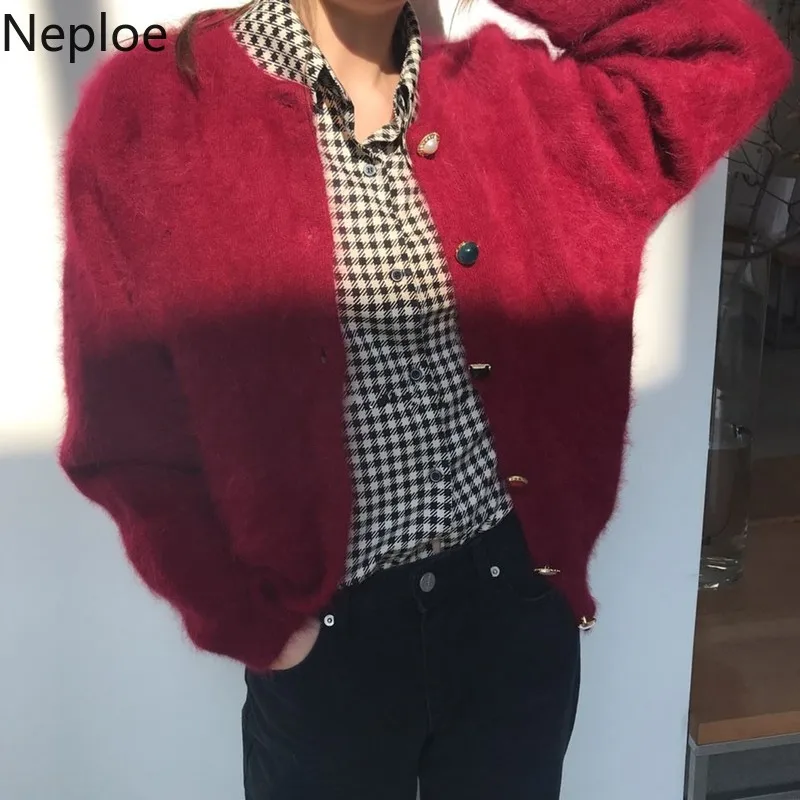 Neploe Chic Imitation Water Velet Knit Cardigan Sweater O Neck Long Sleeve Knit Single Breast Pull Femme Coat Solid Warm Sueter